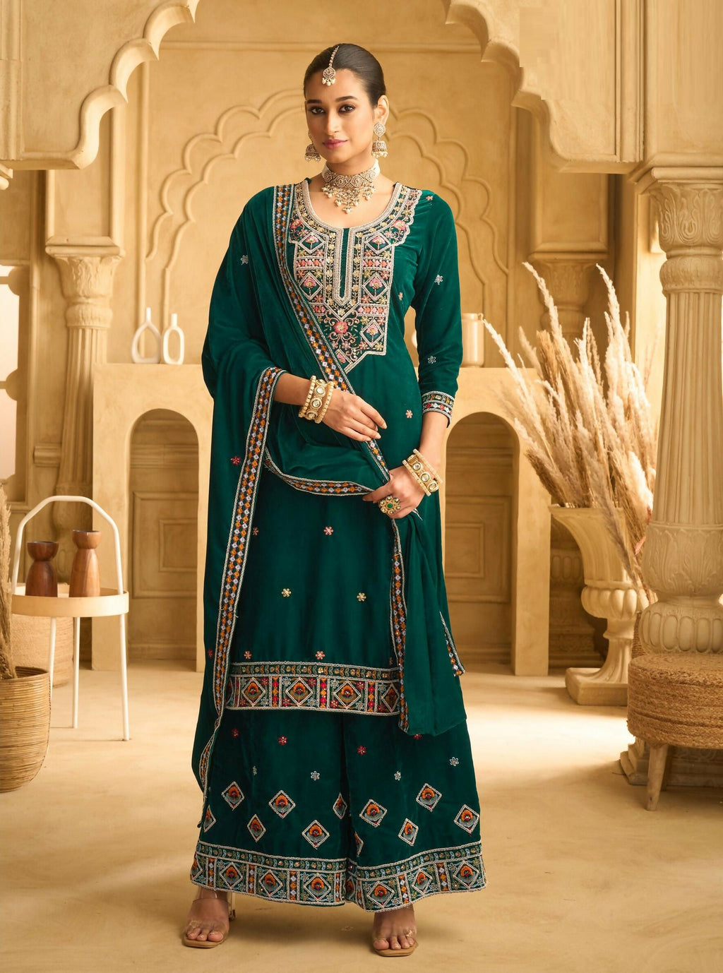 Anaita Green Embroidered with beads Velvet Stitched Plazo Suit | Grocsy