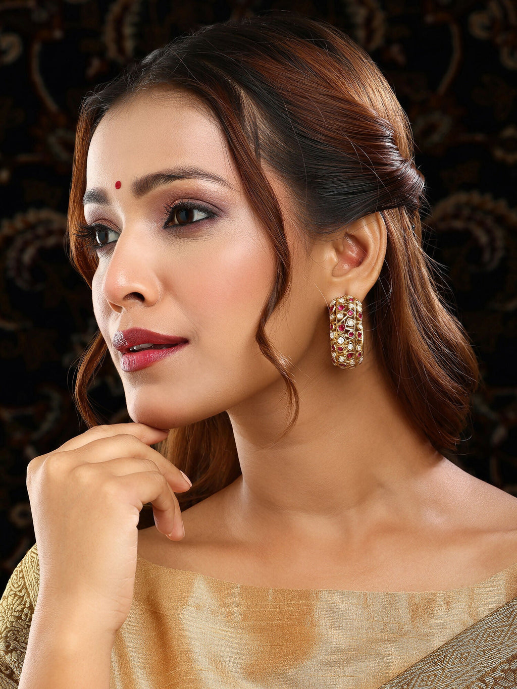 Ruby Raang Gold Polished Maroon Round Kundan Loops | Grocsy