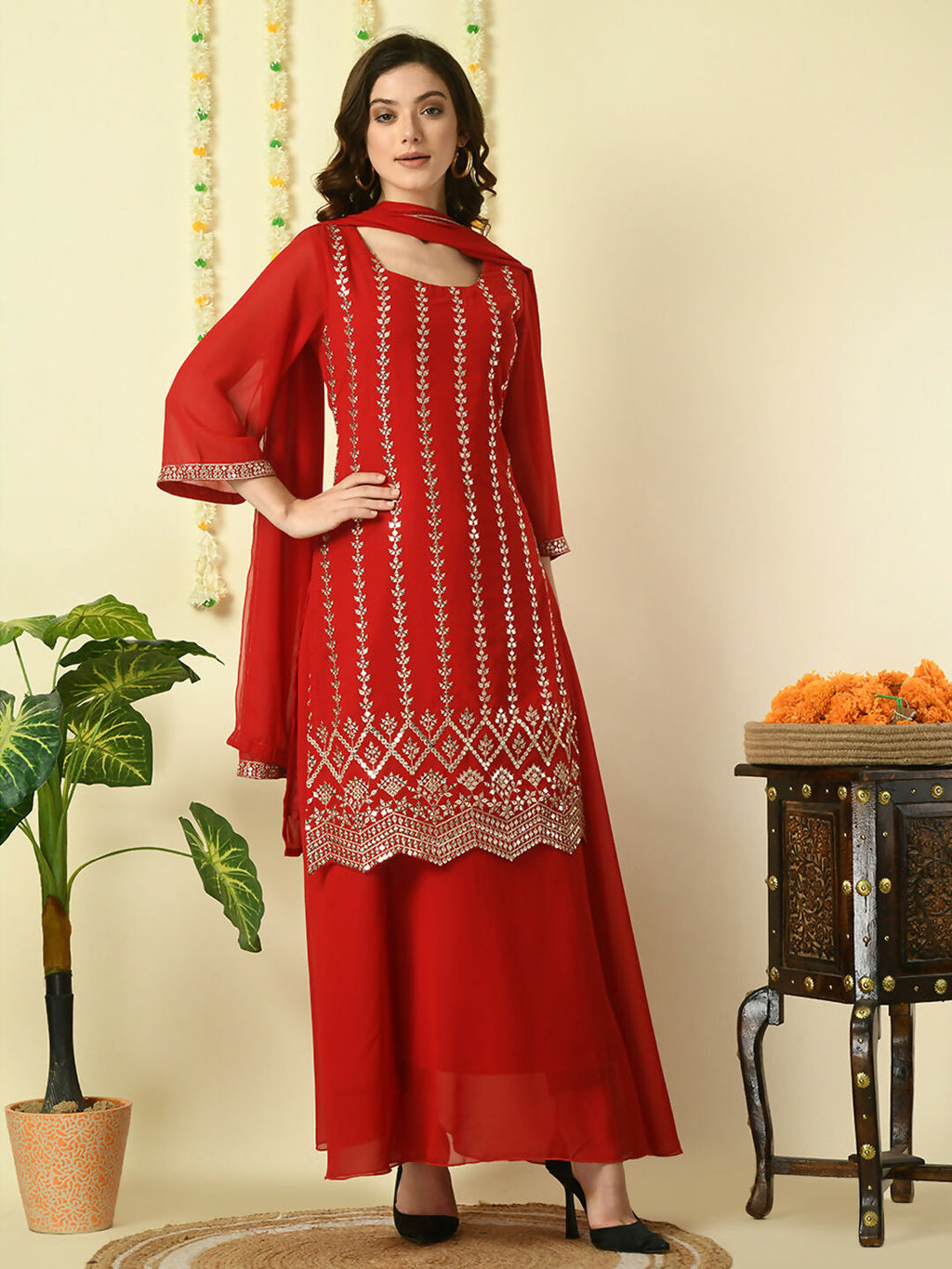 Myshka Women's Red Georgette Kurta & Skirt With Dupatta Party Sets | Grocsy