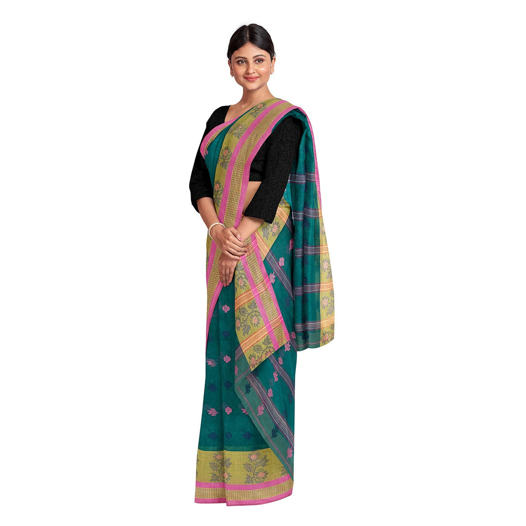 Exclusive Collection 100% Pure Cotton Green Tant Saree With Hand Weaving Work | Grocsy