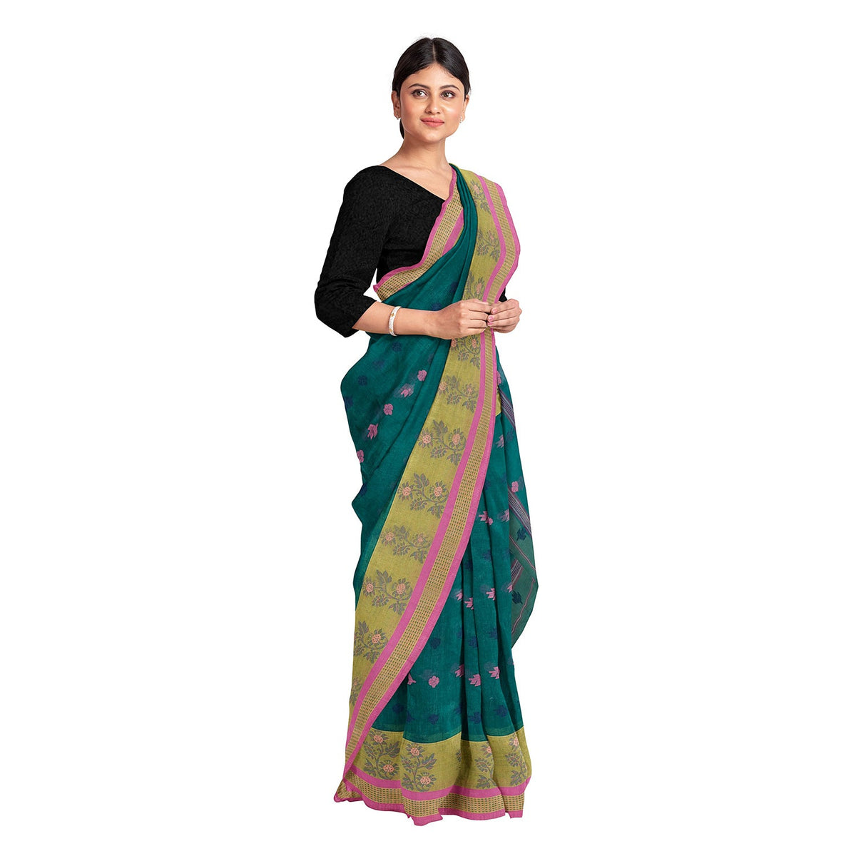 Exclusive Collection 100% Pure Cotton Green Tant Saree With Hand Weaving Work | Grocsy