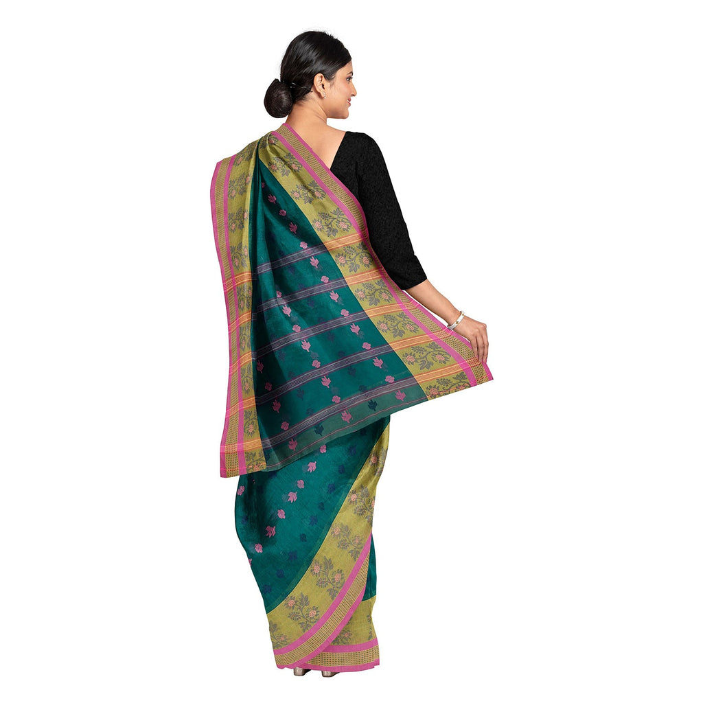 Exclusive Collection 100% Pure Cotton Green Tant Saree With Hand Weaving Work | Grocsy