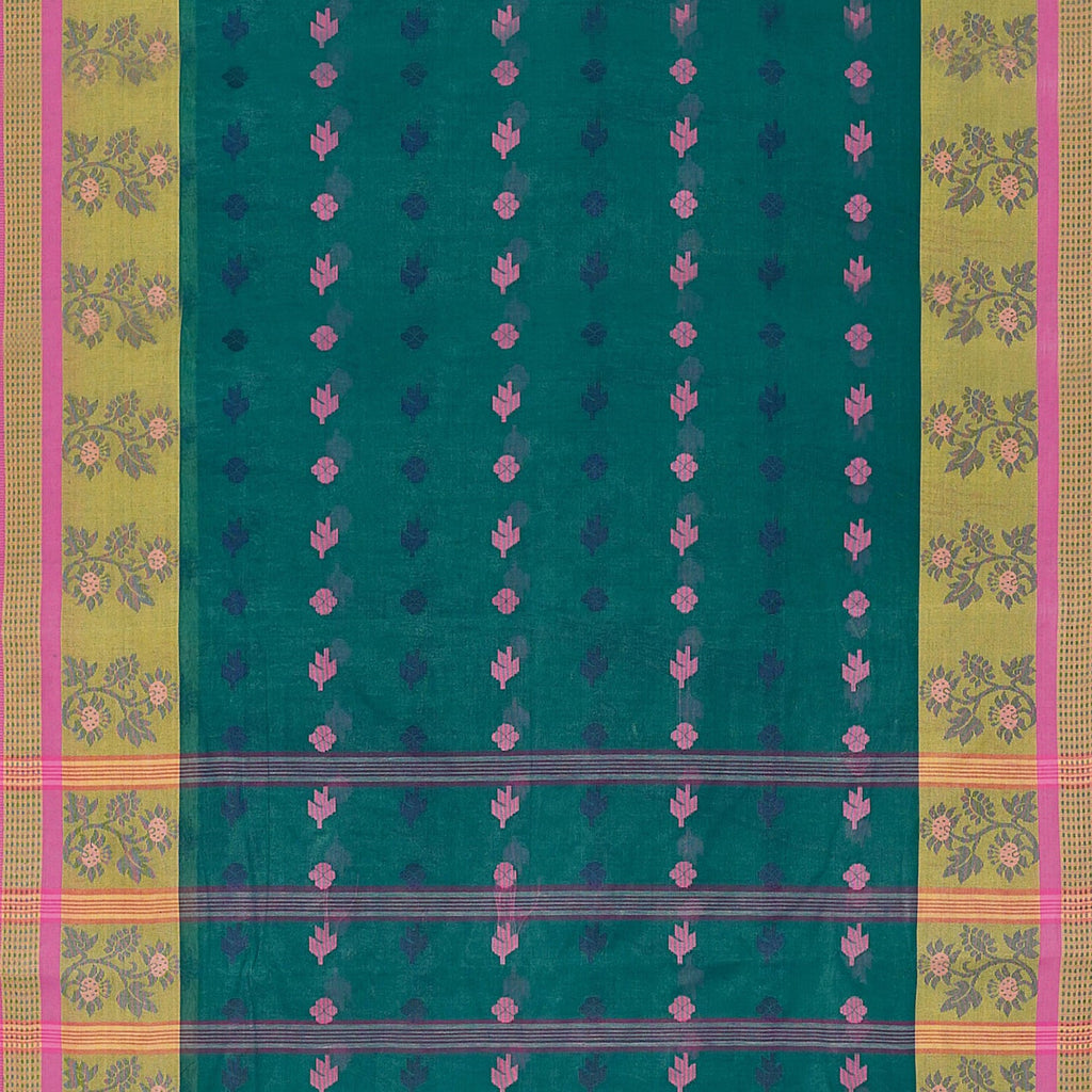Exclusive Collection 100% Pure Cotton Green Tant Saree With Hand Weaving Work | Grocsy