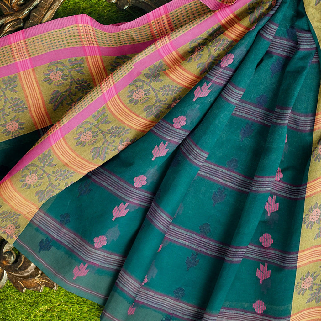 Exclusive Collection 100% Pure Cotton Green Tant Saree With Hand Weaving Work | Grocsy