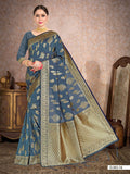 Vardha Aegean Blue Woven Banarasi Saree | Grocsy