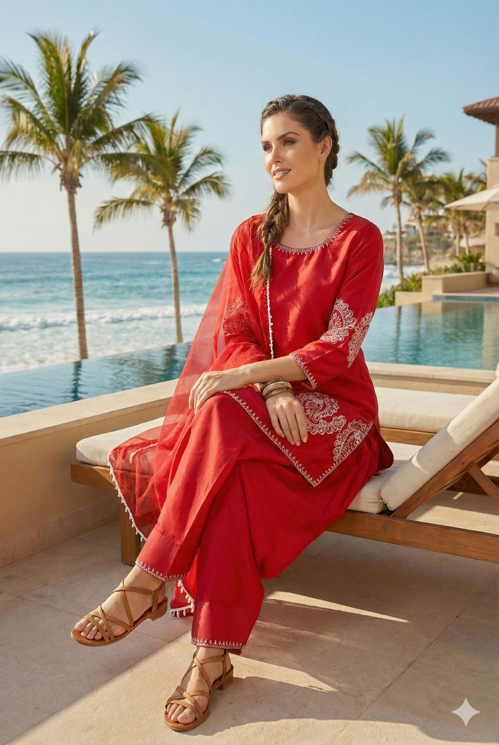 Anaita Red Crepe Stitched Suit With Sequence Embroidery Work | Grocsy