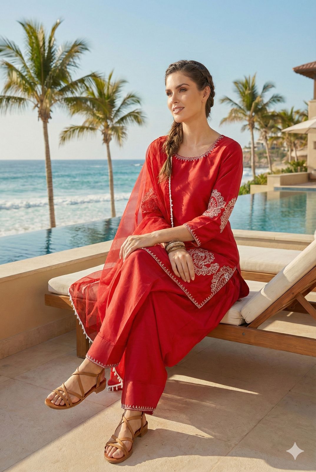 Anaita Red Crepe Stitched Suit With Sequence Embroidery Work | Grocsy