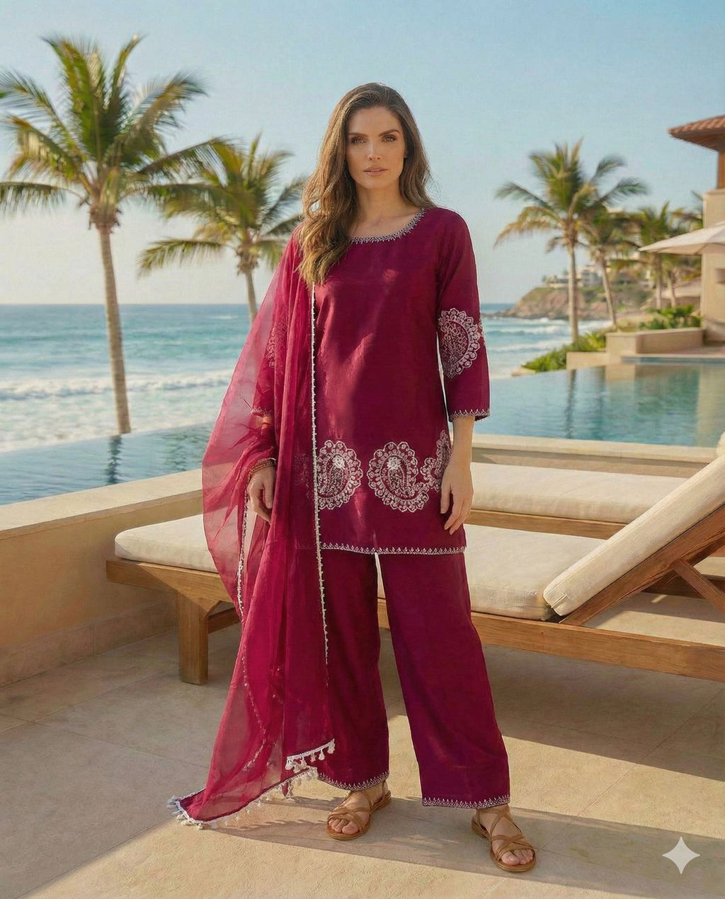 Anaita Maroon Crepe Stitched Suit With Sequence Embroidery Work | Grocsy