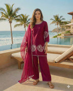 Anaita Maroon Crepe Stitched Suit With Sequence Embroidery Work | Grocsy