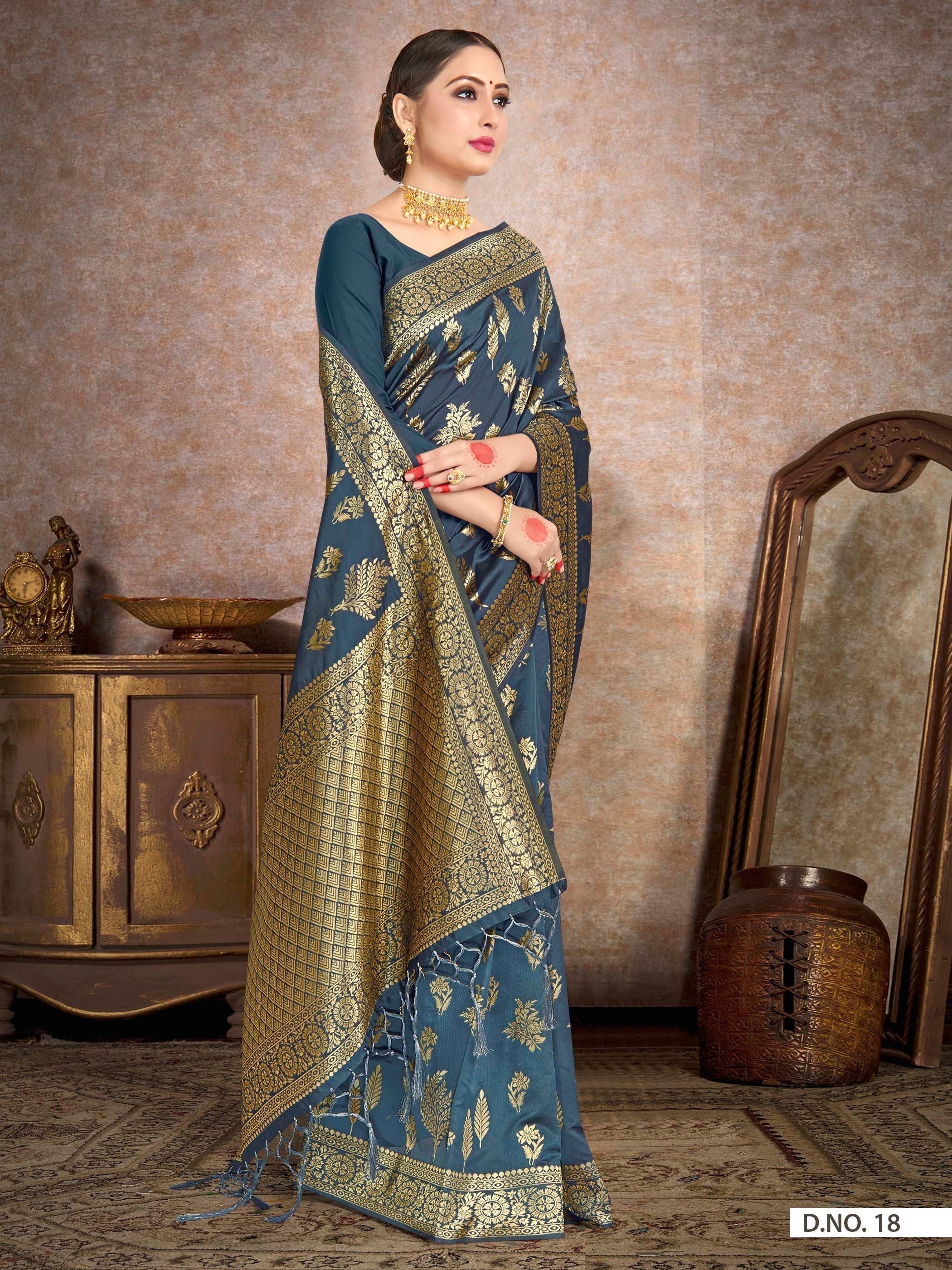Vardha Aegean Blue Woven Banarasi Saree | Grocsy