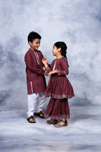 Ahalyaa Boys Maroon Pure Cotton Digital Print Kids Kurta Churidar Set | Grocsy