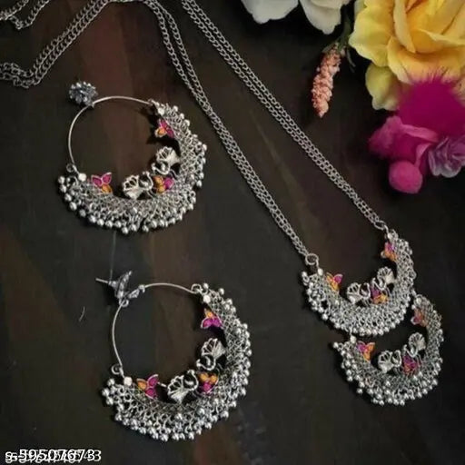Tehzeeb Creations Women's Silver Colour Oxidised Necklace And Earrings With Peacock Design | Grocsy