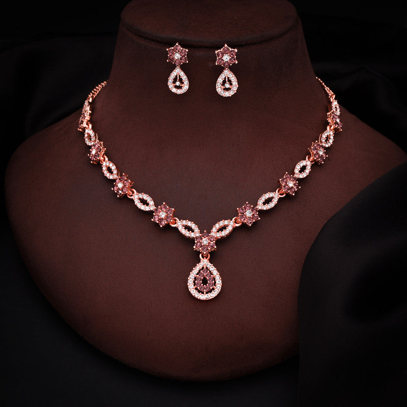 Tehzeeb Creations Elegant Rose Gold Polished American Diamond (Ad) Studded Necklace And Earring Set For Women | Grocsy