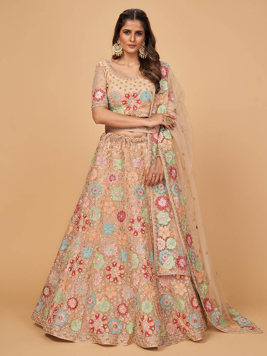 Myra Peach Soft Net Heavy Embroidered Designer Lehenga | Grocsy