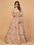 Myra Peach Soft Net Heavy Embroidered Designer Lehenga | Grocsy