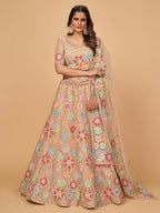 Myra Peach Soft Net Heavy Embroidered Designer Lehenga | Grocsy