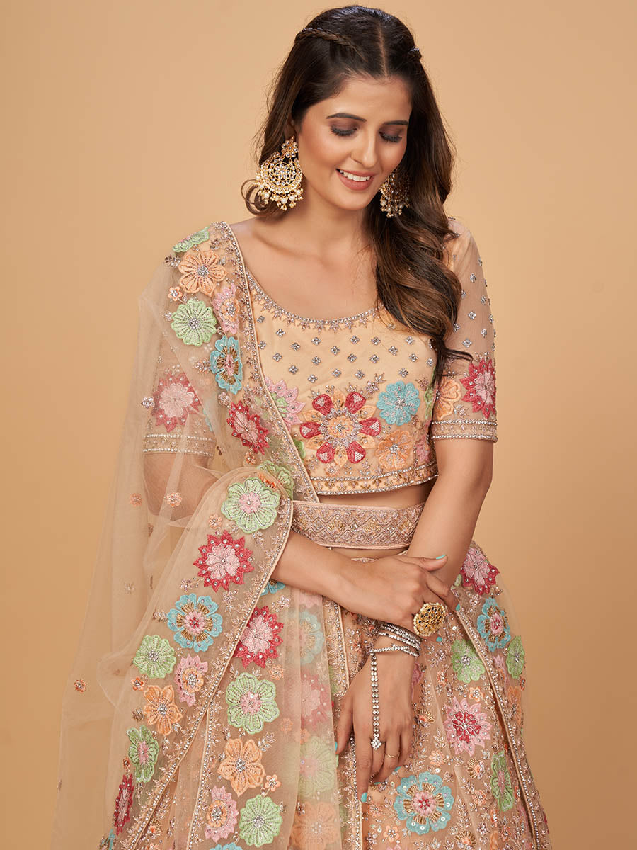 Myra Peach Soft Net Heavy Embroidered Designer Lehenga | Grocsy