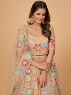 Myra Peach Soft Net Heavy Embroidered Designer Lehenga | Grocsy