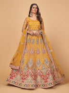 Myra Mustard Soft Net Heavy Embroidered Designer Lehenga | Grocsy