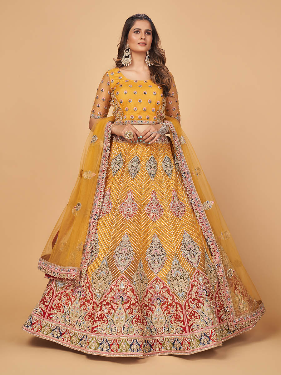 Myra Mustard Soft Net Heavy Embroidered Designer Lehenga | Grocsy