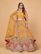 Myra Mustard Soft Net Heavy Embroidered Designer Lehenga | Grocsy