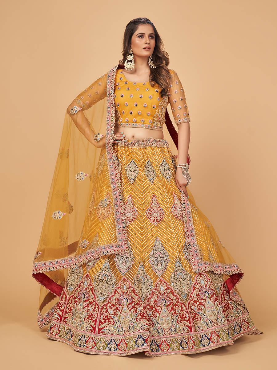 Myra Mustard Soft Net Heavy Embroidered Designer Lehenga | Grocsy