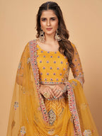 Myra Mustard Soft Net Heavy Embroidered Designer Lehenga | Grocsy
