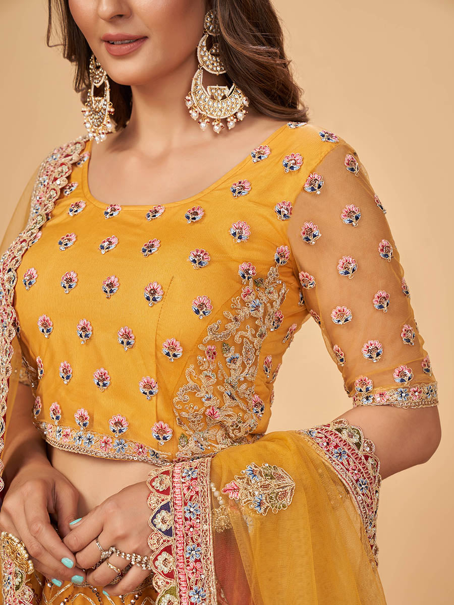 Myra Mustard Soft Net Heavy Embroidered Designer Lehenga | Grocsy