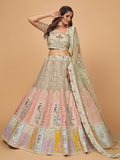 Myra Pista Green Soft Net Heavy Embroidered Designer Lehenga | Grocsy