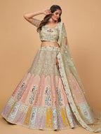 Myra Pista Green Soft Net Heavy Embroidered Designer Lehenga | Grocsy