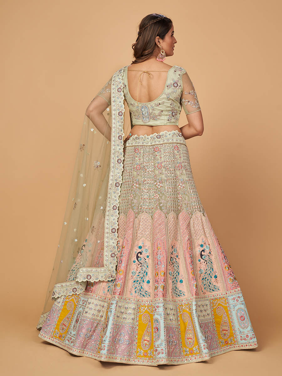 Myra Pista Green Soft Net Heavy Embroidered Designer Lehenga | Grocsy
