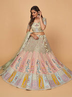 Myra Pista Green Soft Net Heavy Embroidered Designer Lehenga | Grocsy