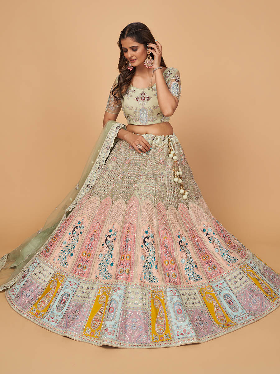 Myra Pista Green Soft Net Heavy Embroidered Designer Lehenga | Grocsy