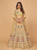 Myra Yellow Soft Net Heavy Embroidered Designer Lehenga | Grocsy