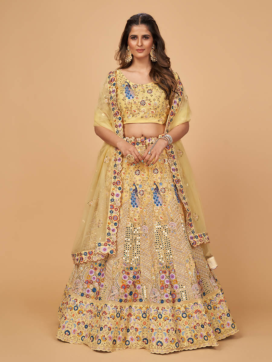 Myra Yellow Soft Net Heavy Embroidered Designer Lehenga | Grocsy