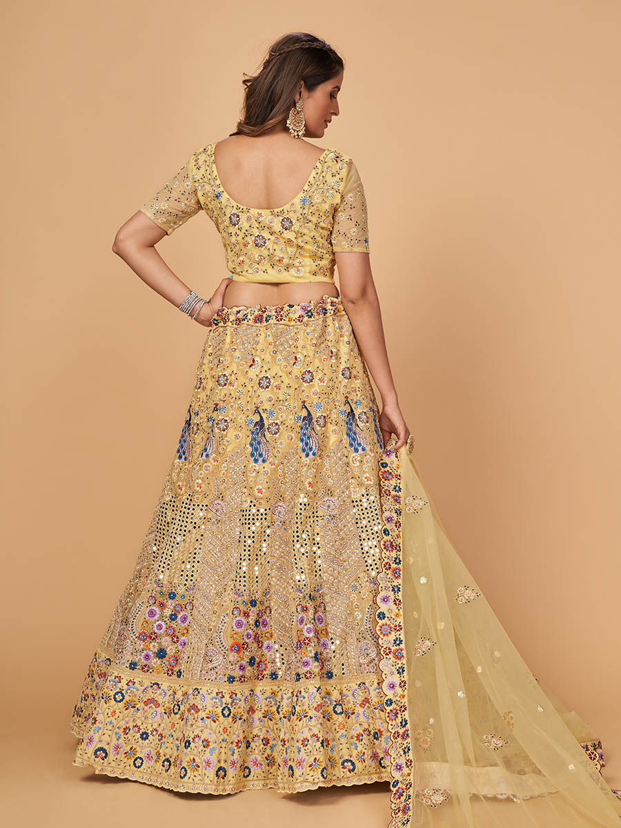 Myra Yellow Soft Net Heavy Embroidered Designer Lehenga | Grocsy