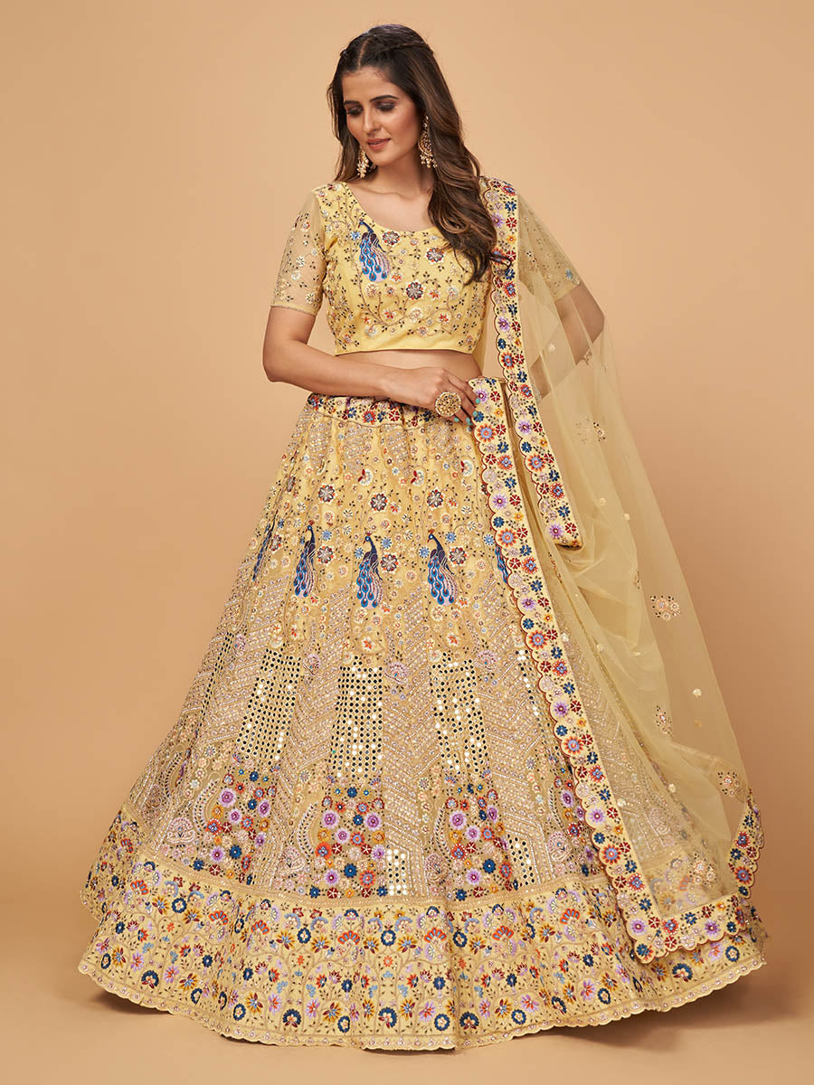 Myra Yellow Soft Net Heavy Embroidered Designer Lehenga | Grocsy