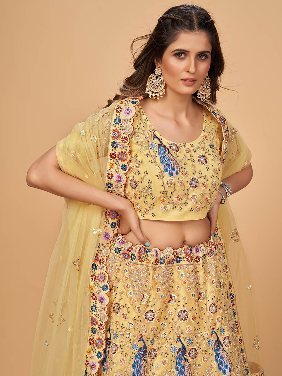 Myra Yellow Soft Net Heavy Embroidered Designer Lehenga | Grocsy