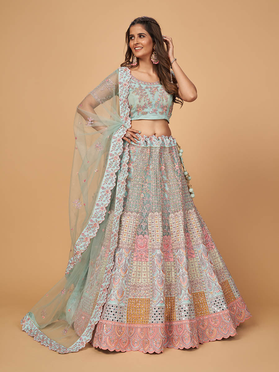 Myra Sky Blue Soft Net Heavy Embroidered Designer Lehenga | Grocsy