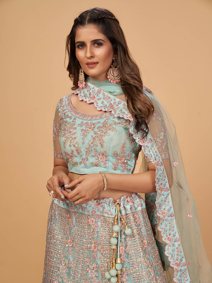 Myra Sky Blue Soft Net Heavy Embroidered Designer Lehenga | Grocsy