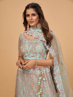 Myra Sky Blue Soft Net Heavy Embroidered Designer Lehenga | Grocsy