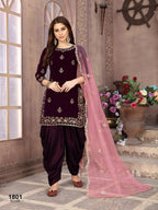 Anaita Purple Embroidered Velvet Patiala Suit | Grocsy