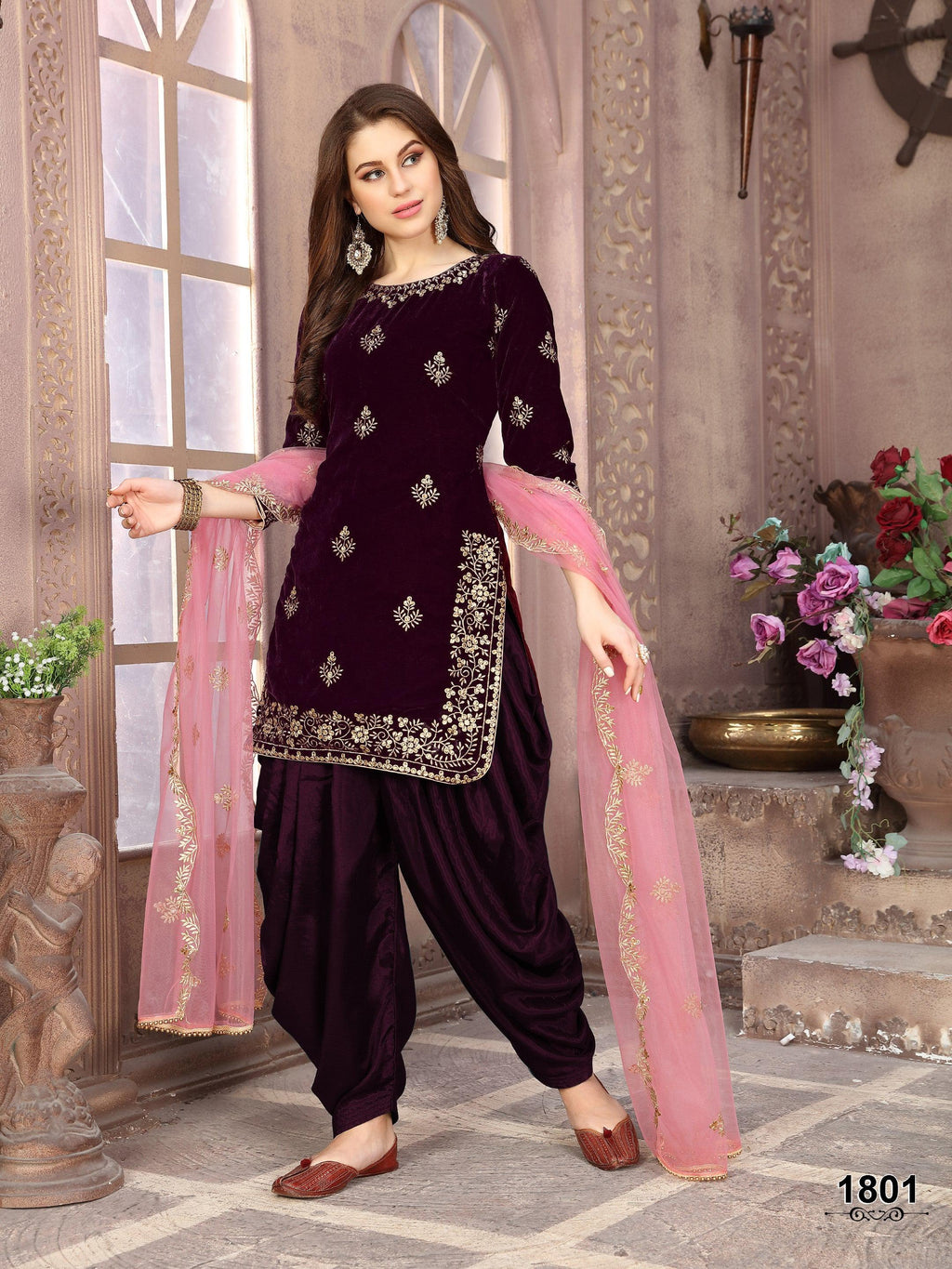 Anaita Purple Embroidered Velvet Patiala Suit | Grocsy
