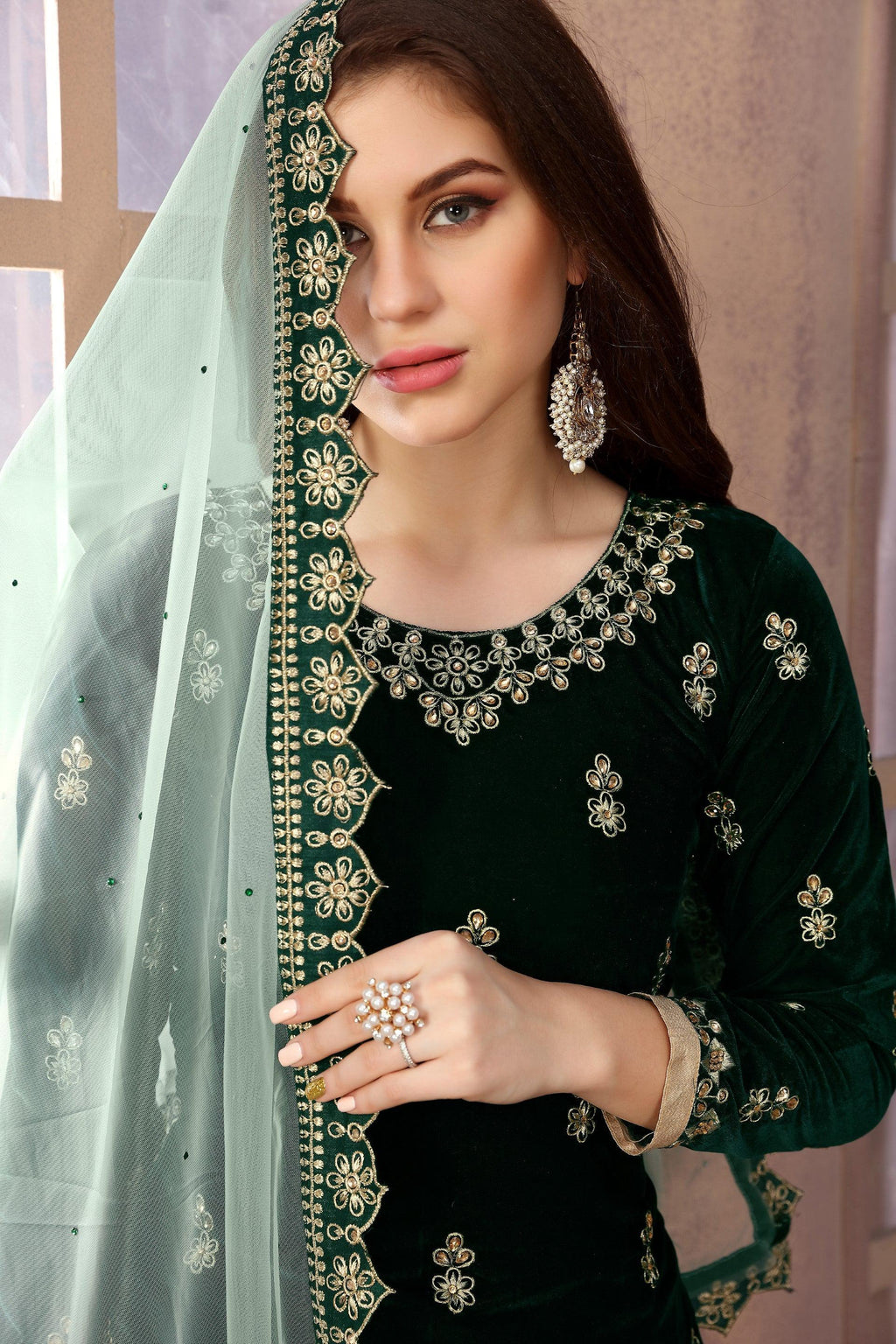 Anaita Green Embroidered Velvet Patiala Suit | Grocsy