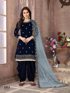 Anaita Navy Blue Embroidered Velvet Patiala Suit | Grocsy