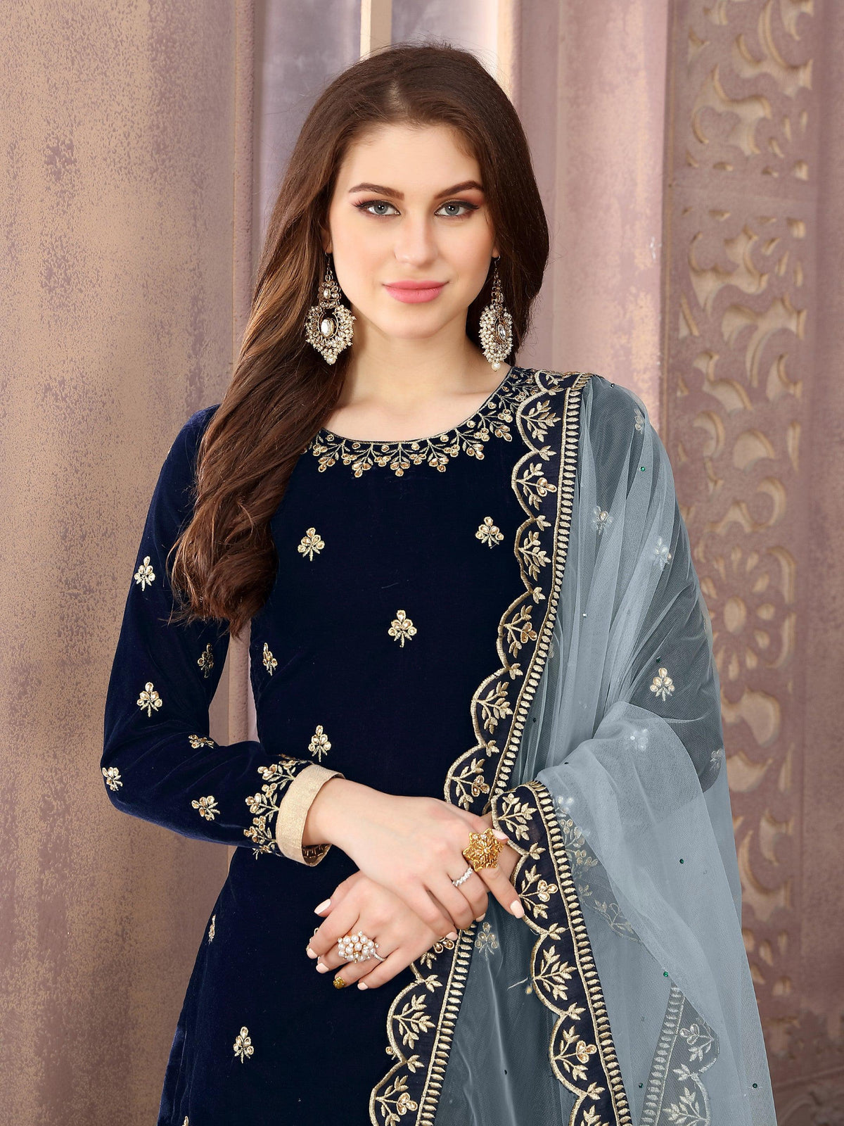 Anaita Navy Blue Embroidered Velvet Patiala Suit | Grocsy