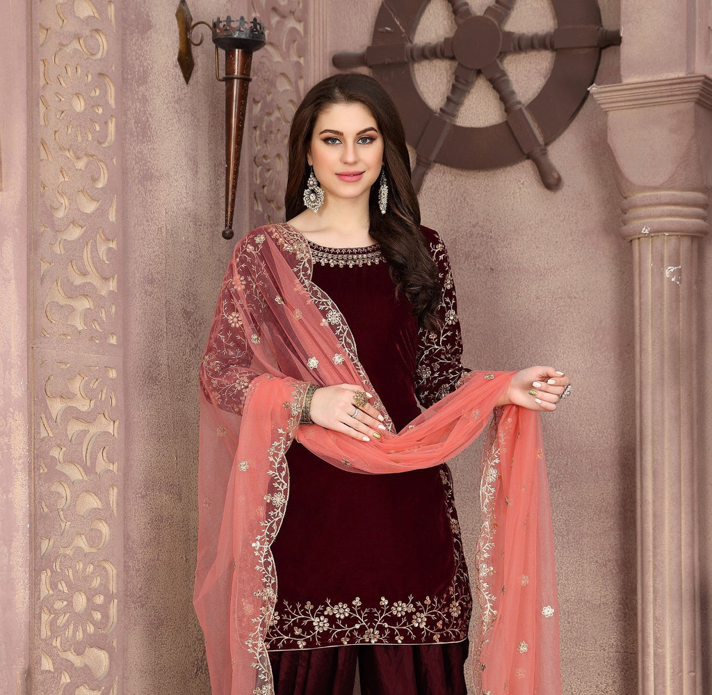 Anaita Maroon Embroidered Velvet Anarkali Suit | Grocsy