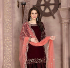 Anaita Maroon Embroidered Velvet Anarkali Suit | Grocsy