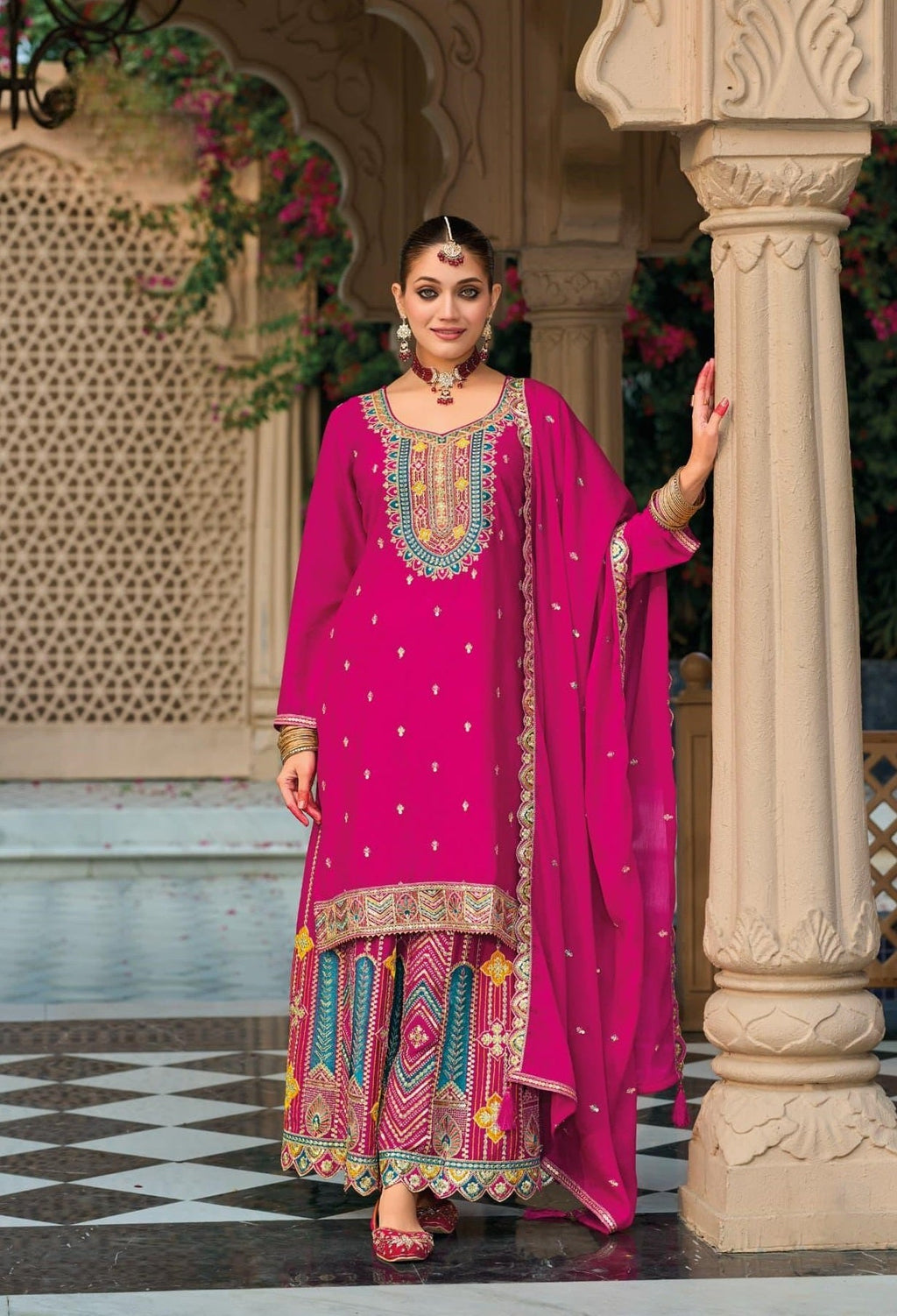 Anaita Dark Pink Premium Embroidered Chinon Readymade Salwar Suit | Grocsy