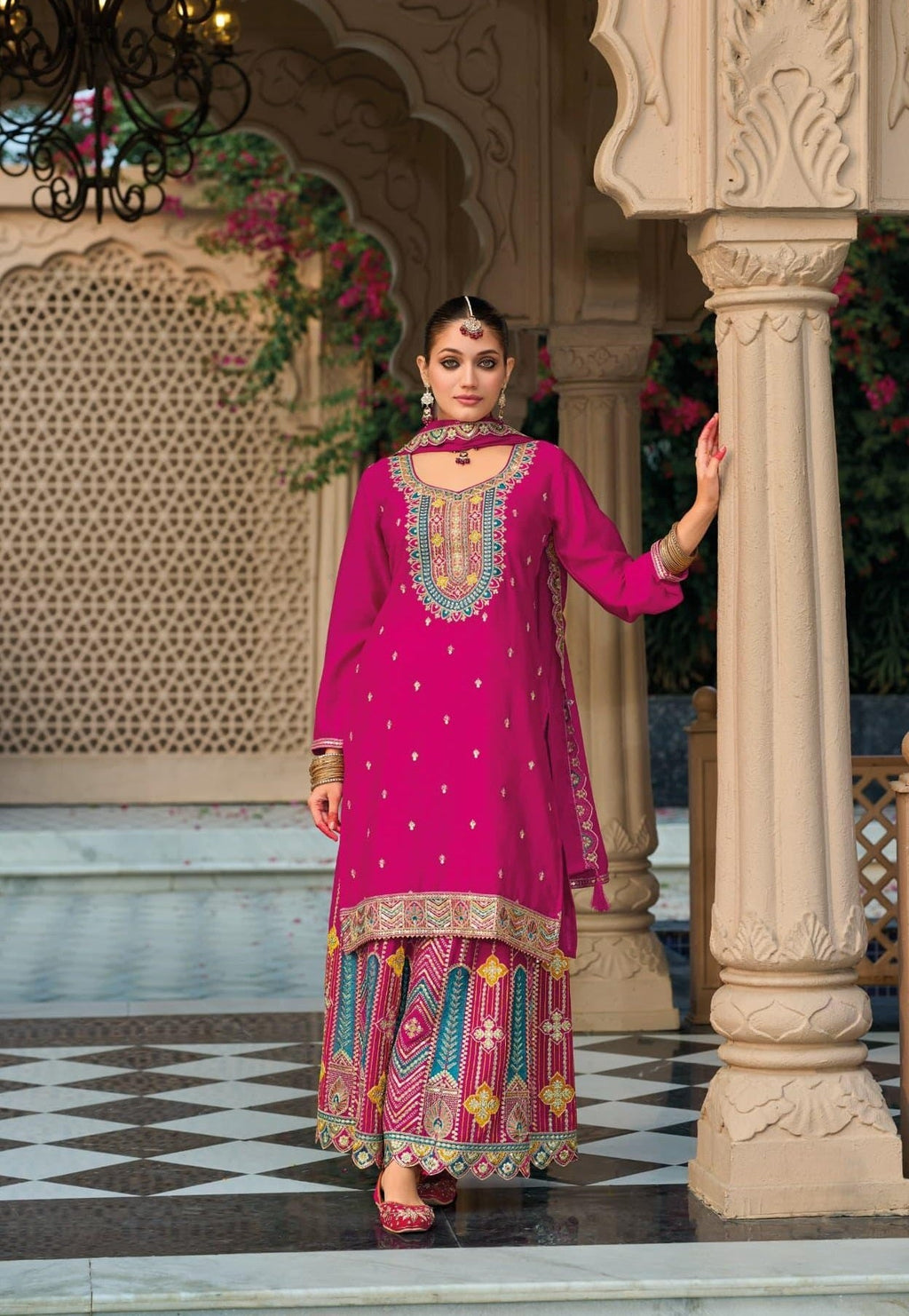 Anaita Dark Pink Premium Embroidered Chinon Readymade Salwar Suit | Grocsy